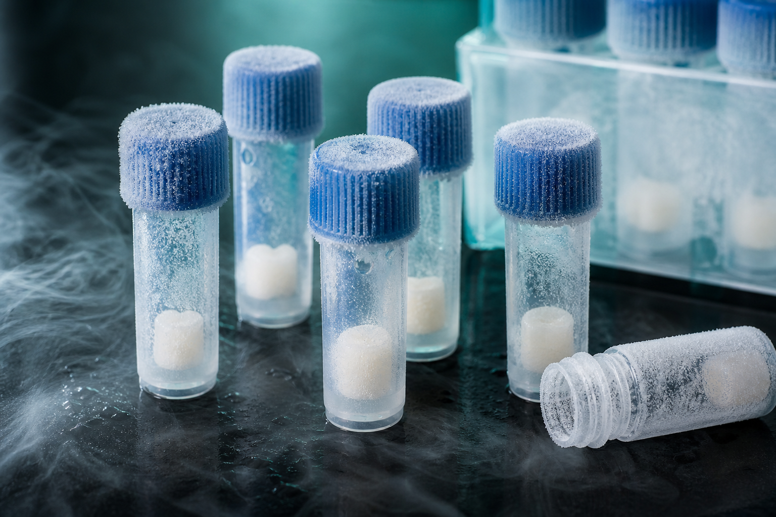 Cryovials containing frozen microtissues